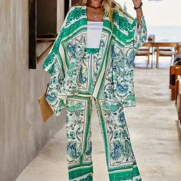 Green Boho Womens Paisley Print Blouse & Wide Leg Pants - Picture 2 of 5